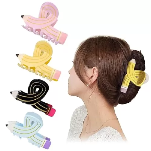 4 Pcs Pencil Hair Claw Clips Back to School Hair Claw Clip for Women Teacher, Acetate Claw Clip, Teacher Hair Clips, Cute Funny Bobby Pins Suitable for Many Hairstyles (Blue, Pink, Yellow, Black)