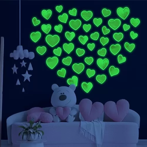 42 pcs Pink Heart Shape Wall Stickers for Girls Bedroom，Glow in The Dark Kids Room Decor, Baby Nursery Ceiling Decals Wallpaper Vinyl Murals