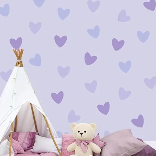 48pcs Purple Heart Wall Decals Peel and Stick - Vinyl Purple Wall Stcikers Décor for Girls Kids Bedroom - Removable Purple Stickers Decorations for Baby Room Nursery Playroom