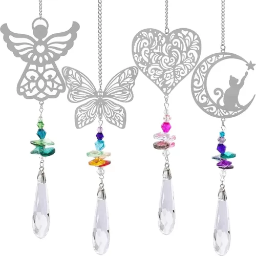 4pcs Colorful Suncatcher Angel Butterfly Heart Cat Combo Sun Catcher Multicolor Long Dangle Crystal for Window Garden Decorations Stylish Home Decor