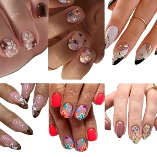 6 Pack (144Pcs) Short Square Press On Nails - Short Almond Nail Press Ons Fake Nails with Summer Nails Designs, Acrylic Artificial Stick On Nails for Women
