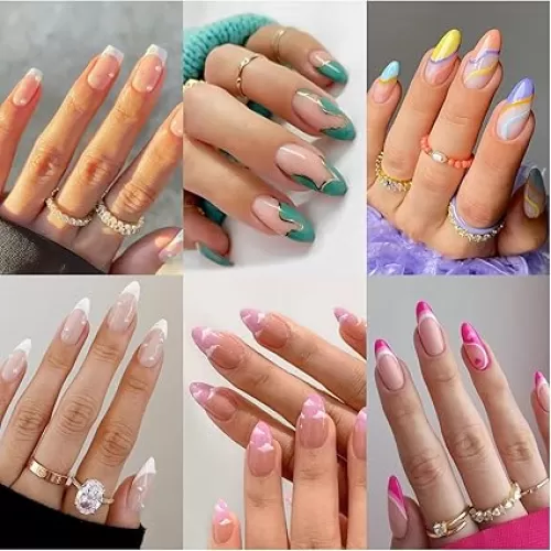 6 Packs (144 Pcs) Press on Nails Medium Design, Misssix Short Fake Nails Almond French Glue on Nails Set with Adhesive Tabs Nail File Acrylic False Nail Kits for Women