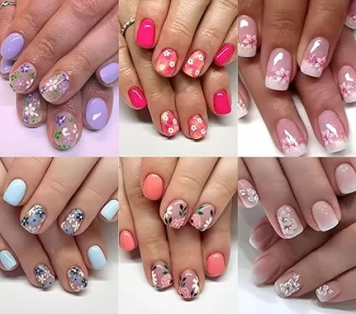 6 Packs (144Pcs) Flower Press on Nails Short Square Fake Nails with Daisy Design Flower False Nails Acrylic Nails Flower Nails Press ons Glossy Stick on Nails Full Cover Glue on Nails for Women Girls