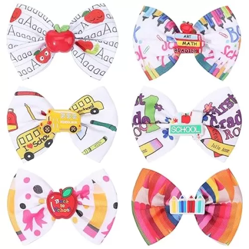 6 PCS Back to School Hair Bows for Girls, 4 Inch Pencil Bow Clips with Apple Book Hair Accessories for Toddler Kids Teens School Day Gifts