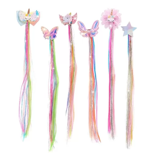 6 Set Rainbow Wig Clips and Straight Fake Bangs - Thick Colored Unicorn Hair Accessories for Kids