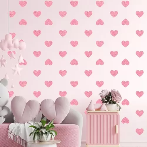 60 Pcs Love Heart Wall Decals, Removable Pink Glitter Heart Wall Stickers for Girls Kids Bedroom, Nursery, Playroom