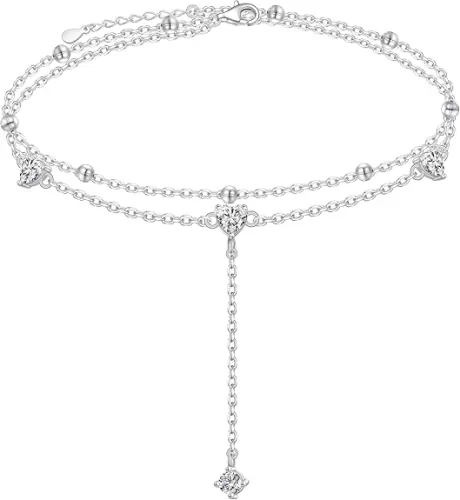 925 Sterling Silver Ankle Bracelet for Women Heart Multilayer Anklets Dainty Beaded Chain Adjustable 9+1 Inches for Summer Cute Beach Foot Jewelry