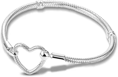 925 Sterling Silver Snake Chain Bracelet, Compatible with Pandora Charms Pendant, Heart Shape Bracelet Clasp for Womes Jewellery Gift
