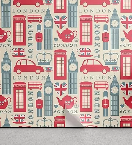 Ambesonne London Peel & Stick Wallpaper for Home, Popular British Culture Elements Retro Colors Flag Patterned Hearts, Self-Adhesive Living Room Kitchen Accent, 13" x 100", Dark Coral Bluegrey