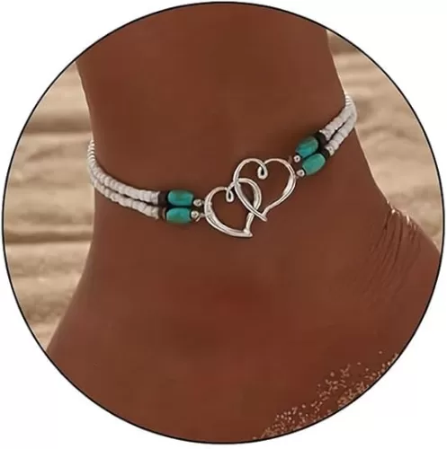 Ankle Bracelets for Women Elastic Beaded Anklets Double Hollow Hearts Stretch Ankle Bracelet Layered Beaded Anklet Dainty Boho Beach Anklets Cute Heart Foot Jewelry for Beach Party