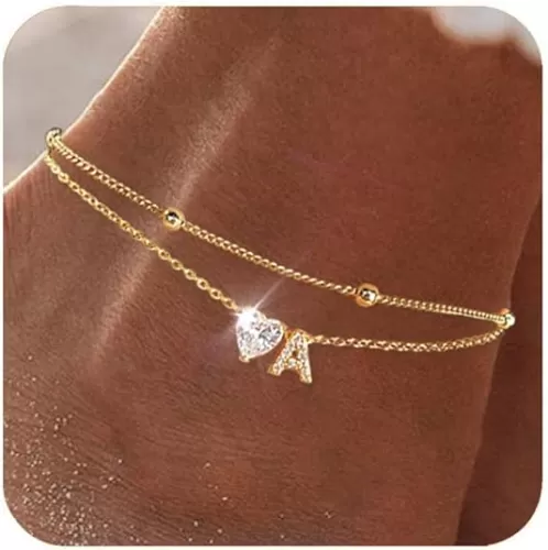 Ankle Bracelets for Women Waterproof 14K Gold Plated CZ Initial Anklet for Women Dainty Layered Letter Heart Ankle Bracelets Handmade Adjustable Foot Chain Anklet Summer Beach Jewelry