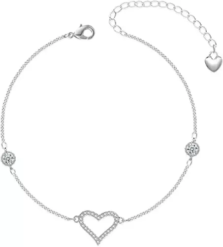 Anklet Bracelet for Women Ankle Bracelet 14K White Gold Adjustable Foot Chain Bracelet Heart Evil Eye Summer Beach Jewelry 9+2 inch