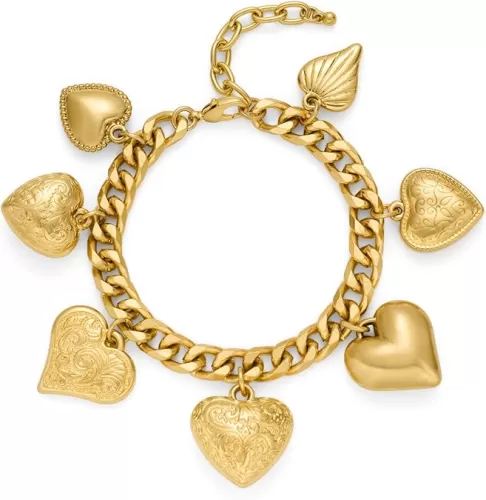 Antique Gold Heart Bracelets for Women with Seven Textured Puffy Heart Charms Bracelets Chunky Bracelets Love Bracelets Women Jewelry Gift