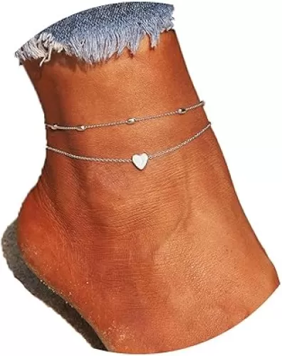 Artmiss Layered Anklets Women Heart Silver Ankle Bracelet Charm Beaded Dainty Foot Jewelry for Women Summer Barefoot Beach Anklet