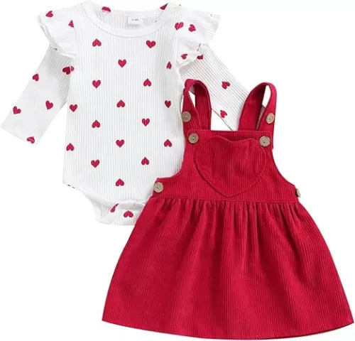 Baby Girl Valentines Day Outfit Heart Pattern Ruffle Long Sleeve Romper + Suspender Skirt Cute Newborn Clothes