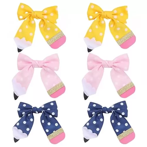 Back to School Bows for Girls, 6PCS Hand-made Grosgrain Ribbon Hair Bows Alligator Clips Hair Accessories for Little Teen Toddler Girls Kids (Yellow Navy Pink)