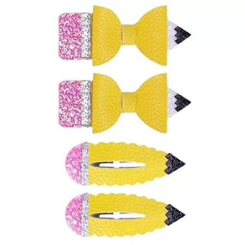 Back to School Bows for Girls, Yellow Pencil Hair Bows Snap Hair Clips Glitter Leather Hairpins Barrette First Day of School Hair Accessories for Kindergarten Kids Teens Students Gifts - 4 Pack