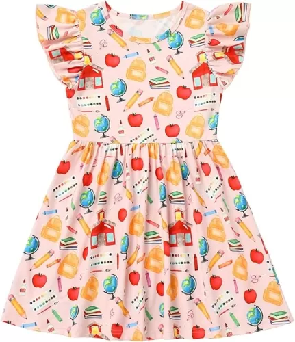 Back to School Dress for Girls Toddler First Day of School Outfits Ruffle Sleeve Apple Pencil Bottom Summer Dresses