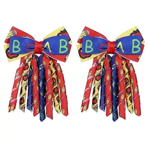 Back to School Hair Bow Clips 3 Inch Handmade Curly Ribbon Hairpins Boutique Lovely School Hair Accessories for Kids Girls, Red&Blue&Yellow