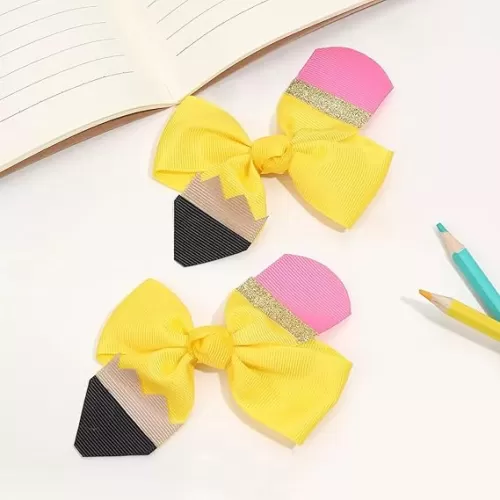 Back to school hair bows for girls, pencil bow clips alligator hairpins barrettes for kids uniform decor accessories gift