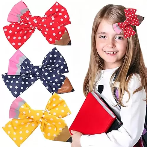 Back to School Hair Bows Pencil Hair Clips Yellow Red Blue Hair Bow Clip Wave Point Cute Hairpins for Little Toddler Girls Students Kindergarten First Day of School Hair Accessories 3pcs