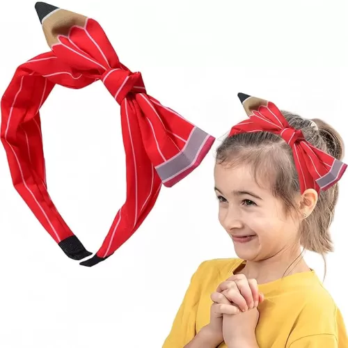 Back to School Headband Red Pencil Hair Accessories Striped Cute Bow Hair Bands Students Teachers Outfits Head Bands for Women Non Slip Top Knot School Opens Party Princess Decor 1pcs