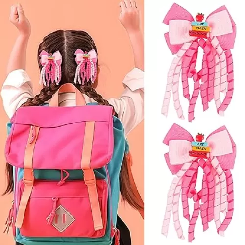 Back to School Pencil Hair Bows 3 Inch Pink Curly Ribbon Hair Clips Girls Toddler Kids Handmade Cheer Hair Accessories for Kindergarten 1st 2nd 3rd 4th 5th Grade Students Prom Party Headpiece 2PCS