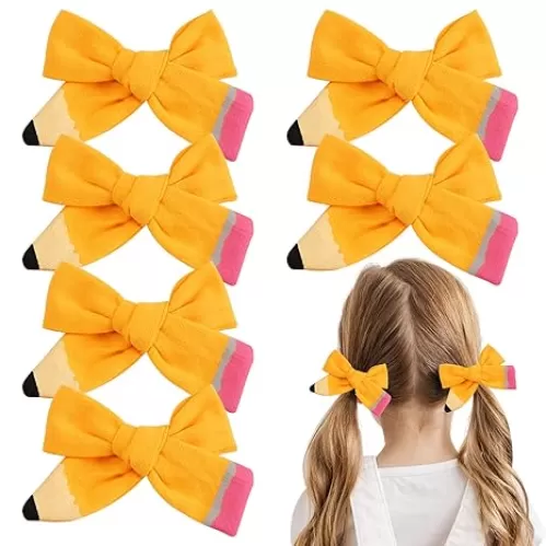 Back to School Pencil Hair Bows and Clips: Hand-Painted Yellow Schoolgirl Pigtail Accessories, Perfect Gifts for Toddlers and Kids in Kindergarten to 5th Grade