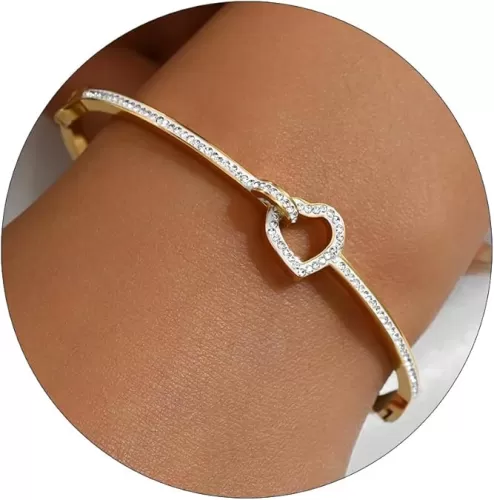 Bangle for Women 18K Gold Plated Dainty Cubic Zironia Bracelets Dainty Heart Hollow Out Honeycomb Stainless Steel Bangle Bracelet Classic Bangle Gifts