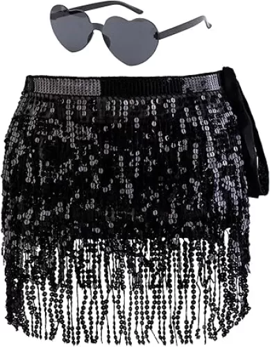 Belly Dance Hip Scarf Sequin Tassel Skirt and Heart Sunglasses Wrap Sparkly Rave Costume Performance Outfit for Women