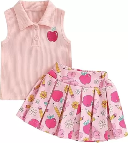 BeQeuewll Kids Girls Back to School Outfit Apple Dress Lapel Tank Vest+Pleated Skirt 2Pcs Pre K First Day of School Outfit