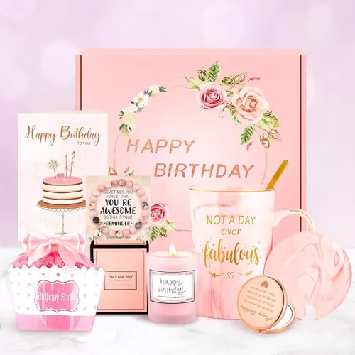Birthday Gifts for Women Happy Birthday Gift Baskets for Women Unique Not A Day Over Fabulous Mug Gift ideas Pink Gifts Box Set Presents for Her Friends Mom Sister Wife Coworkers Daughter Aunt Mom