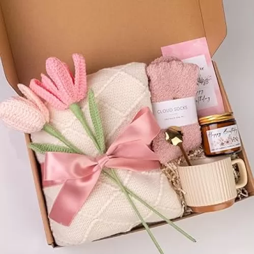 Birthday Gifts for Women Self Care Gifts Get Well Soon Gifts, Rose Relaxing Spa Gifts Basket Care Package w/ Luxury Flannel Blanket, Unique Mothers Day Gifts for Mom Her Friend Sister Wife Grandma