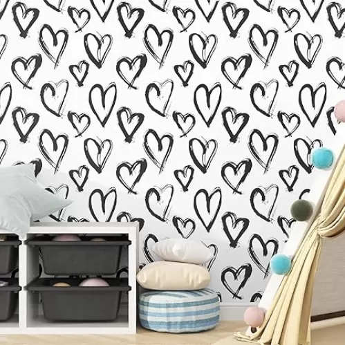 Black and White Wallpaper Modern Scrawl Heart Wallpapers Peel and Stick Removable Minimalist Contact Paper for Countertops Cabinets and Drawers Kids Room Nursery Bedroom Boho Wall Decor