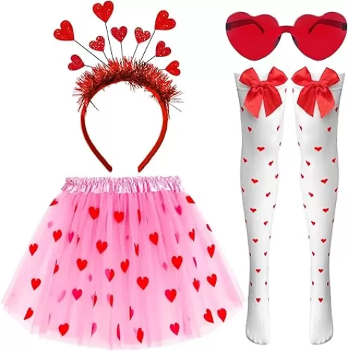 BleSky Valentines Tutu Costume Women Pink Tutu for Girls Red Heart Headband with Sunglasses Halloween 80s Cosplay Birthday Party