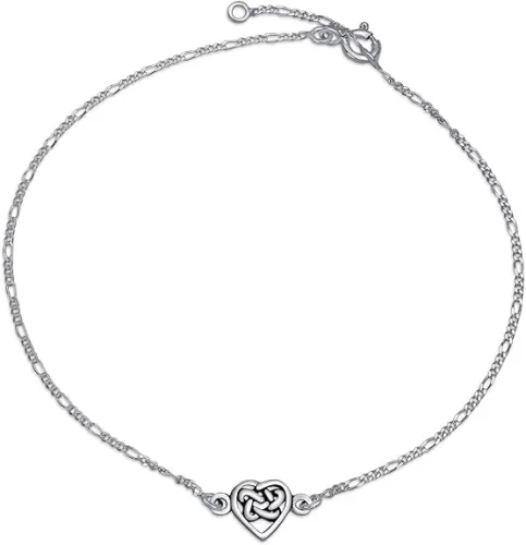 Bling Jewelry Celtic Triquetra Love Knot Claddagh Heart Anklet Figaro Chain Ankle Bracelet For Women Oxidized .925 Sterling Silver Adjustable
