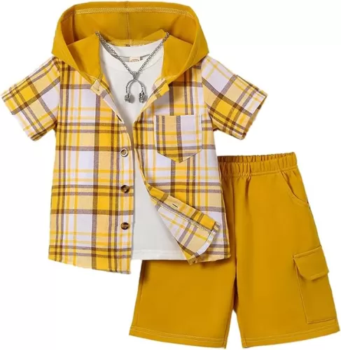 Boys 2 Pieces Clothing Shorts Set Short Sleeve Plaid Button Down Shirt and Cargo Shorts Set 4-12Y