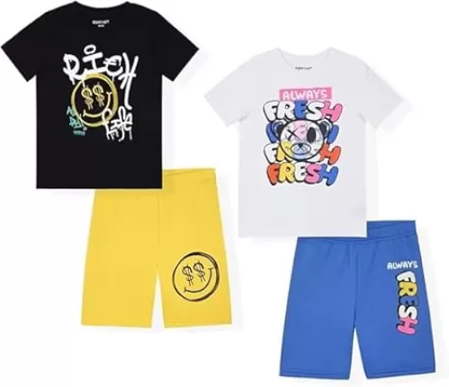 Boys 4 Piece short set Casual summer Outfit with Graphic Tee Matching shorts soft Breathable Fabric for Active Kids