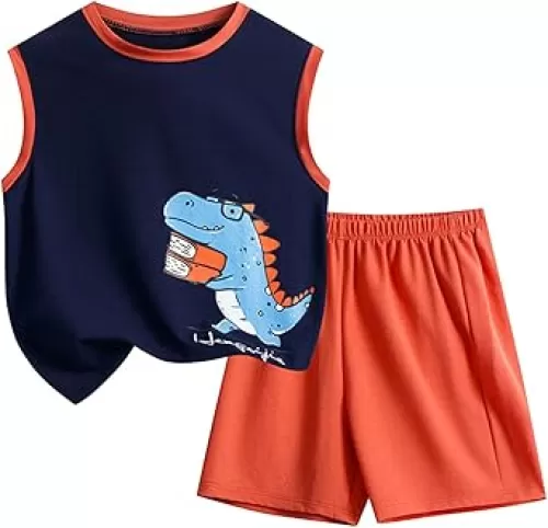 Boys Casual Sport 2 Piece Outfit Summer Dinosaur Print Clothes Sets Sleeveless Crewneck Tank Tops & Shorts Set