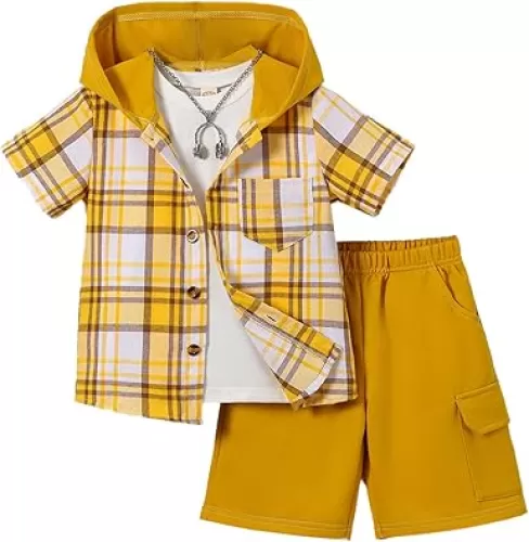 Boys Clothes Shorts Sets Plaid Short Sleeve Hooded Button Shirt and Jogger Shorts for Kids Summer Outfits