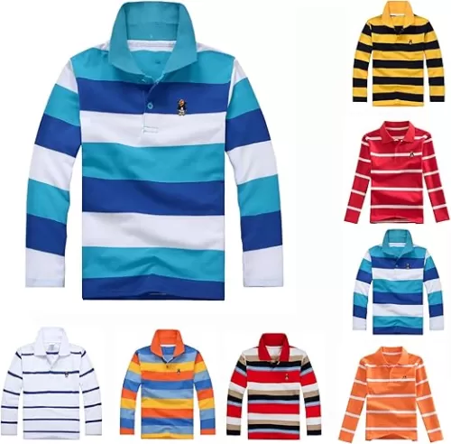 Boys Polo Shirt Striped Long Sleeve Performance Shirts Stretch Active Casual Lapel Collared Golf Shirt School Uniform Outfits