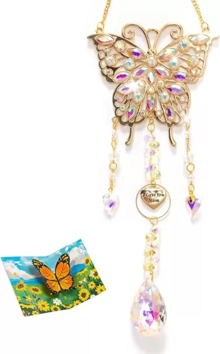 Butterfly Gifts：Crystal Suncatcher for Mom，Butterfly Suncatcher with Heart Charm I Love You Mom, Hanging Window Decor for Home Garden（Gold）
