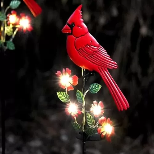 Cardinal Decor Garden Stake, Solar Metal Yard Art Red Cardinal, Cardinal Bird Figurine Lights with Powered LED Garden Sculptures & Statues, Outdoor Decor for Balcony, Yard, Lawn, Pathway, Walkway