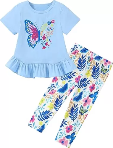 CARETOO Toddler Girl Clothes 2pcs Girl Spring Summer Outfit Ruffle Hem Short Sleeve Top and Floral Capri Pant 2-7 Years