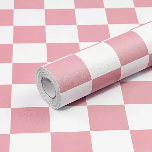 CAX Checkerboard Peel and Stick Wallpaper 17.3"x120"Pink and White Contact Paper Self-Adhesive Removable Vinyl Roll Waterproof Checkered Wallpaper for Bathroom Cabinets Shelf
