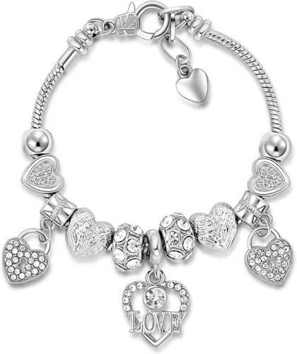 Charm Bracelet for Women, Heart Shape Glass Beads Sliver CZ Cross Snake Chain Bracelet, Trendy Charm Bracelet Jewelry Gifts for Women