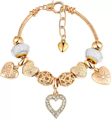 Charm Bracelet for Women, with Crystal and Heart Shape Glass Beads Sliver CZ Cross Snake Chain Bracelet, Trendy Charm Bracelet Jewelry Valentine's Day Gifts for Women