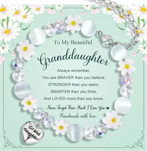Charm Bracelet Gifts for Girls – Adjustable Daisy & Cat Eye Stone Heart Charm Bracelet with Inspirational Card – Birthday, Christmas, Graduation Jewelry for Daughter, Granddaughter, Niece (Ages 3-15)