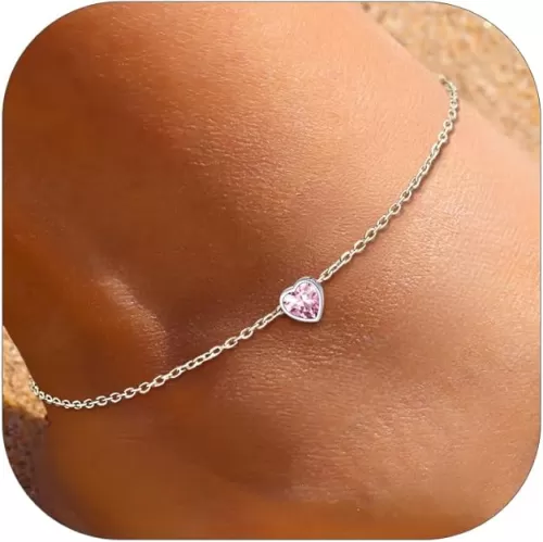 ChicSilver 925 Sterling Silver Anklets for Women, Simple Dainty Round/Heart Birthstone Ankle Bracelet Beach Foot Jewelry, 8.7-10.7 Inch Adjustable