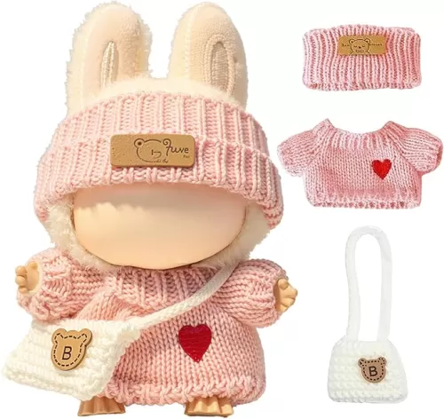 Clothes for LABUBU Doll (NO Doll), Handcrafted Crochet 3-Piece Accessories for LABUBU 17cm Dolls, Premium Outfit - Heart Sweater + Hat + Bag, Cute Clothes for Dress up Unique Style (Pink)